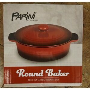 Parini Cookware Round Baker Non-Stick Ceramic Bakeware Dish Red Ombre with Lid